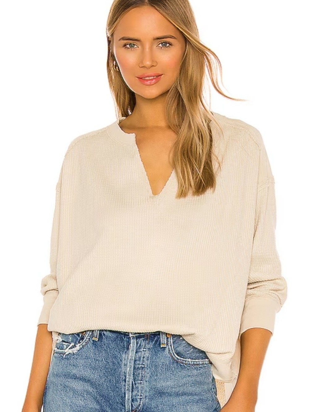 We The Free Owen Thermal Top L Oatmeal Beige Waffle Knit Oversized FP